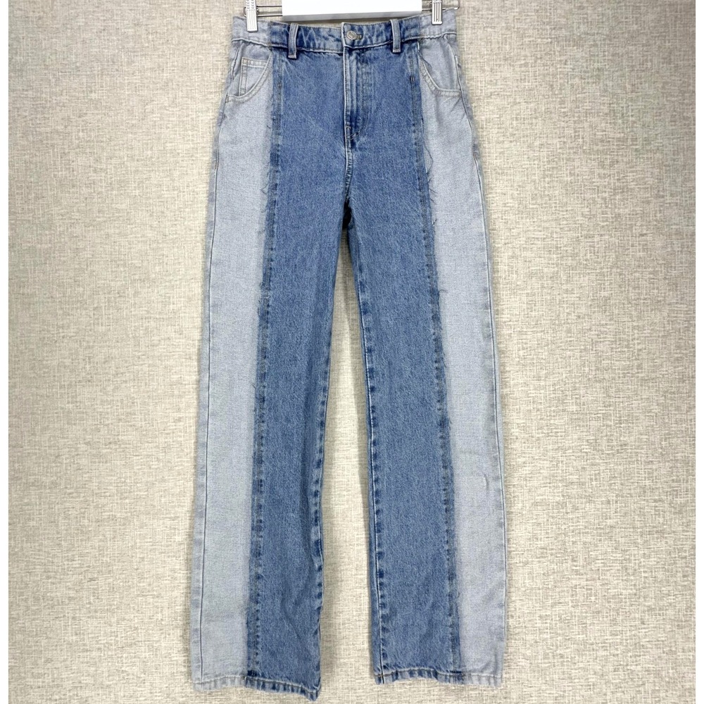 MNG Jeans Womens 2 Blue Straight Mid Rise Two Tone Colorblock Panel Denim Cotton